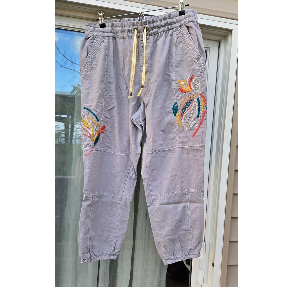 Anthropologie Grey Embroidered Jogger Pants Women Large Boho Drawstring Elastic